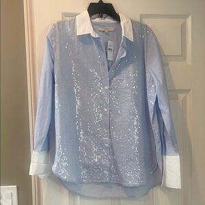 LOFT Light Blue Sequin Button-Up Blouse